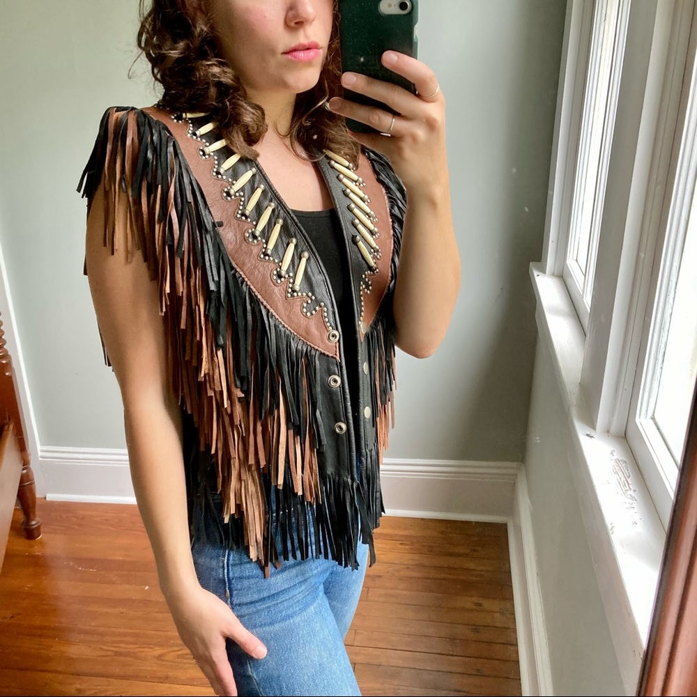 Sunriders Biker Fringe Black Cognac Bone Edgy Grunge Western Leather Vest Large